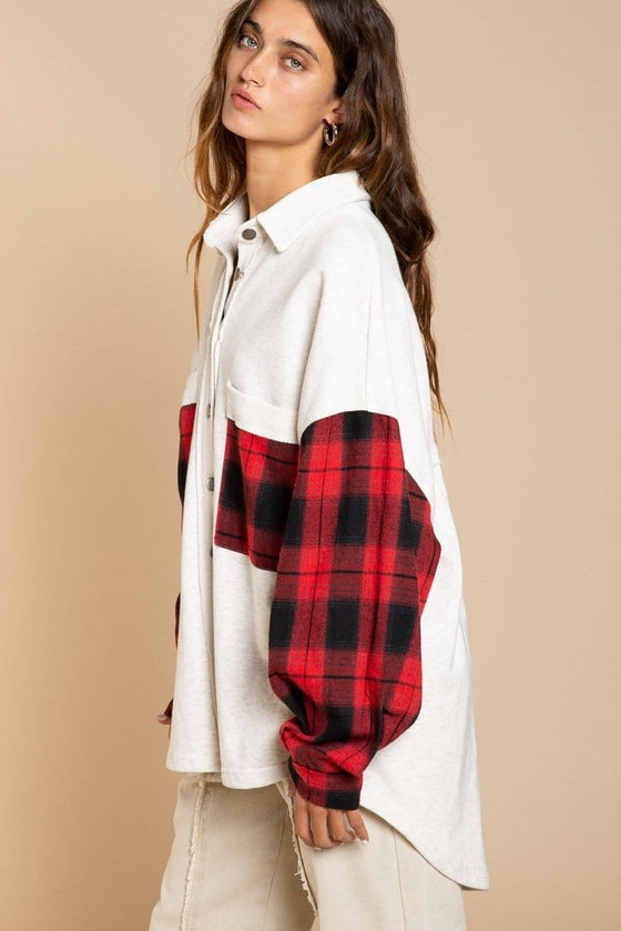 Too Cool Plaid Contrast French Terry Cloth Shacket